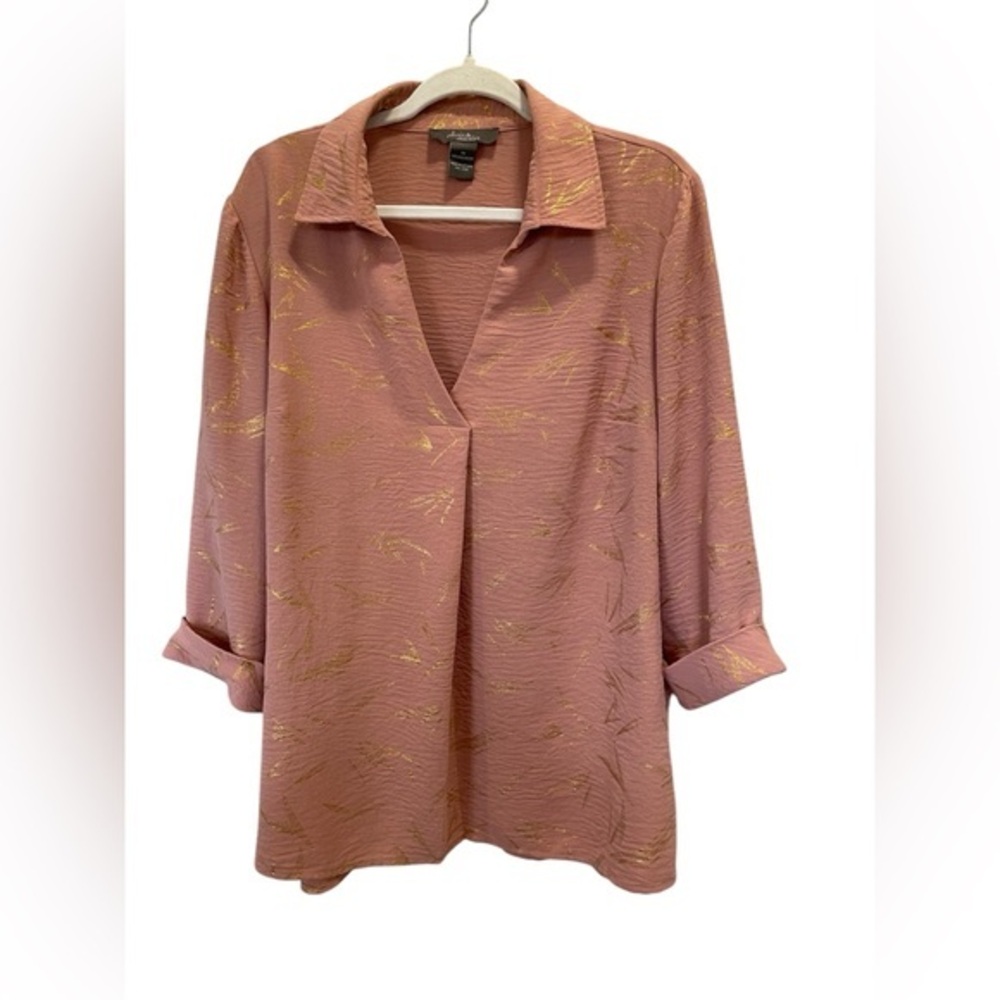 Pink Cuffed Sleeve V Neck Blouse